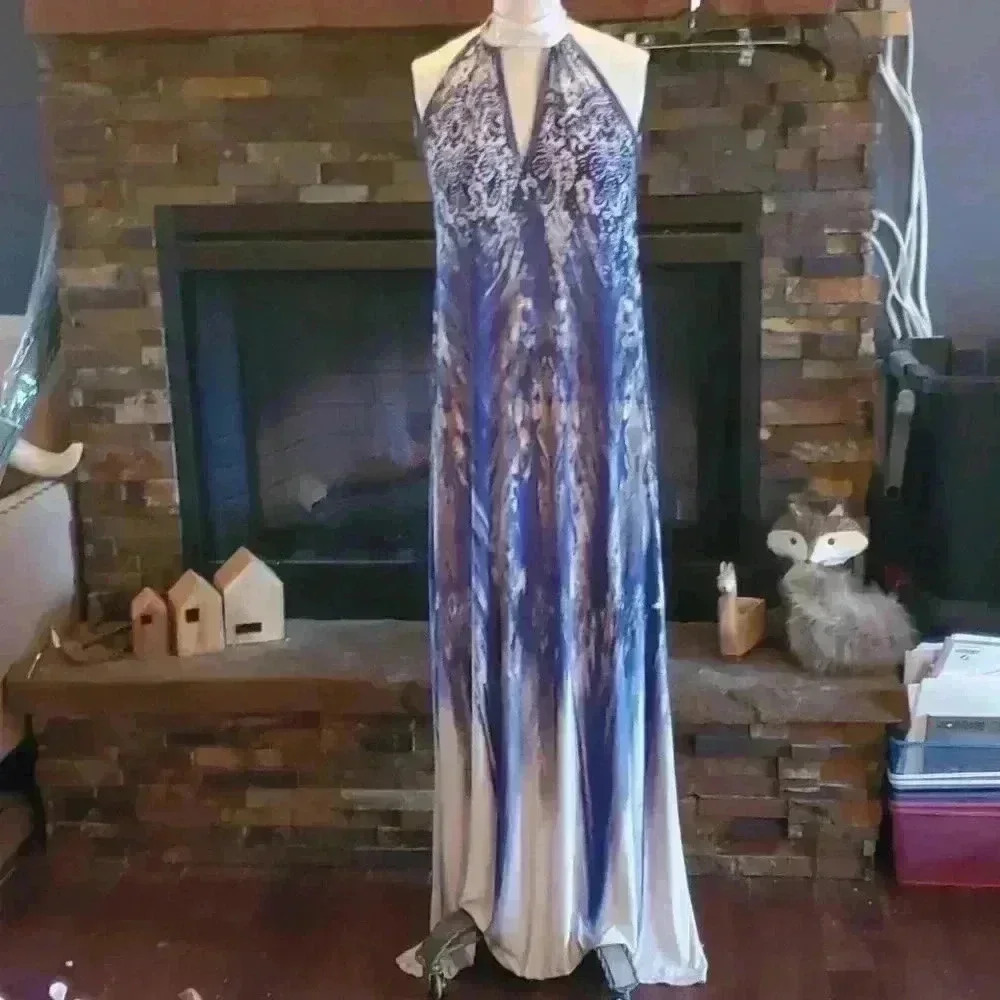 Blue watercolor print maxi dress